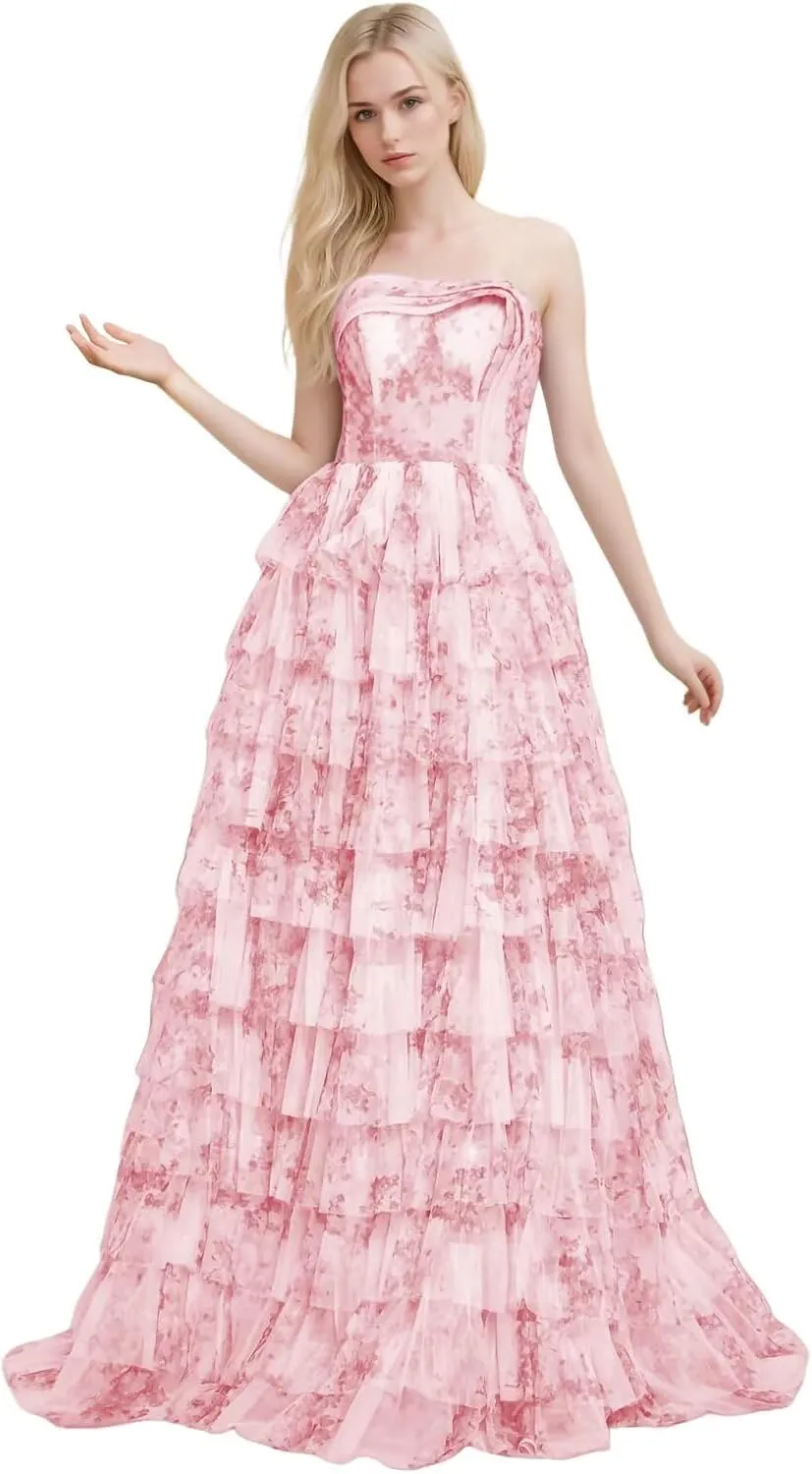 Chiffon Floral Print Prom Dresses Strapless Long Ball Gown Tiered A Line Formal Evening Party Gowns