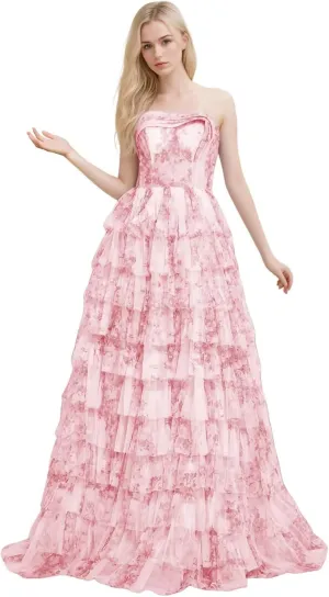 Chiffon Floral Print Prom Dresses Strapless Long Ball Gown Tiered A Line Formal Evening Party Gowns