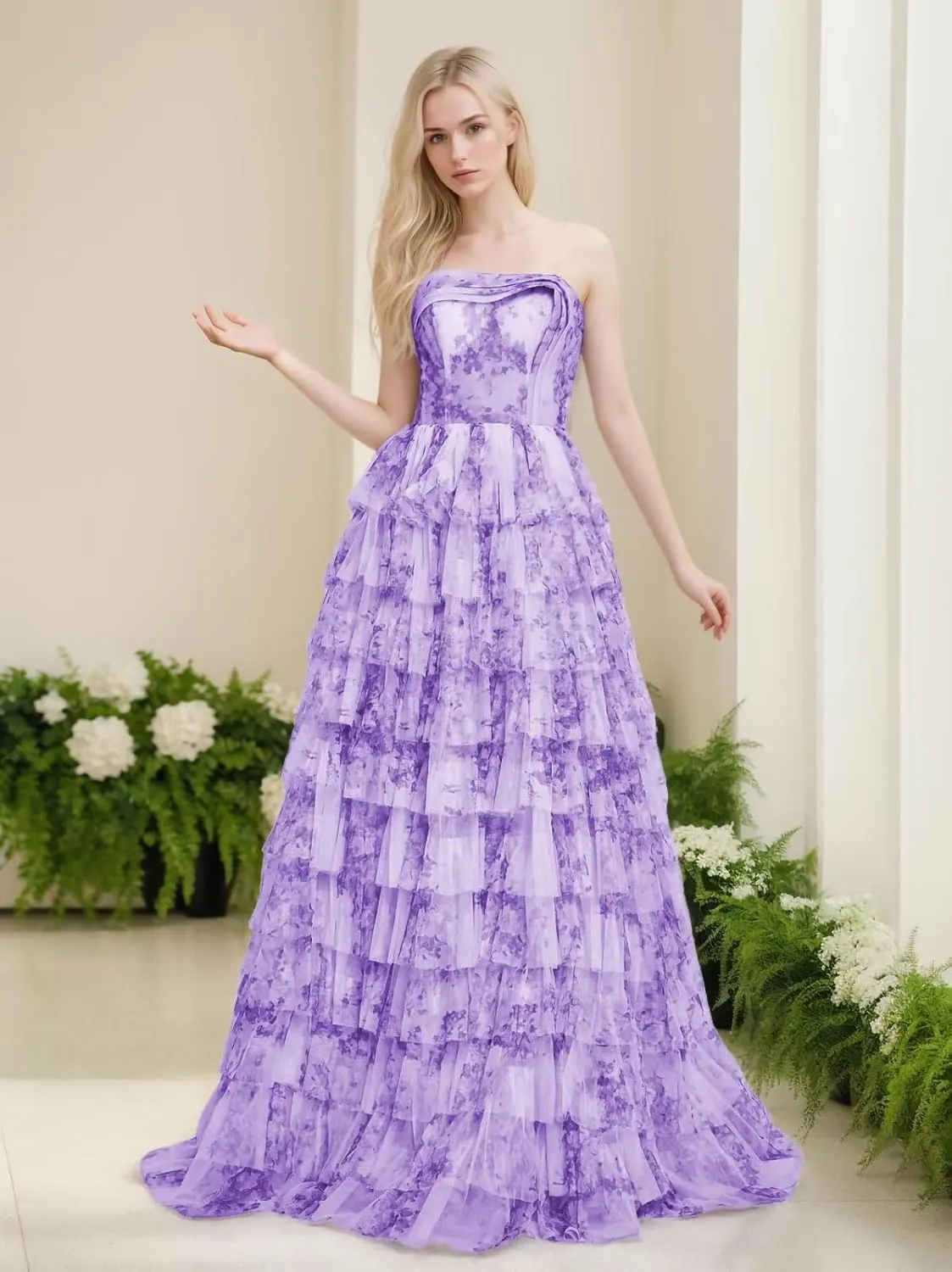 Chiffon Floral Print Prom Dresses Strapless Long Ball Gown Tiered A Line Formal Evening Party Gowns