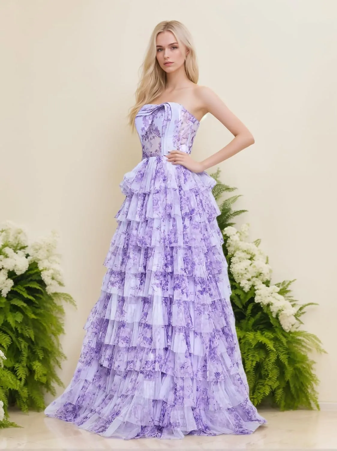 Chiffon Floral Print Prom Dresses Strapless Long Ball Gown Tiered A Line Formal Evening Party Gowns