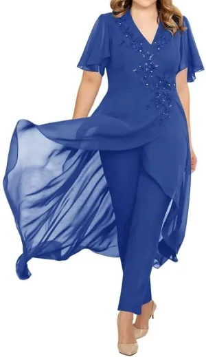 Chiffon Mother of The Bride Pantsuits for Wedding Lace Appliques 2 Pieces Pant Suits for Women Dressy with Sleeves