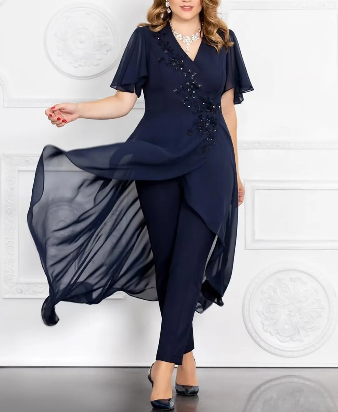 Chiffon Mother of The Bride Pantsuits for Wedding Lace Appliques 2 Pieces Pant Suits for Women Dressy with Sleeves