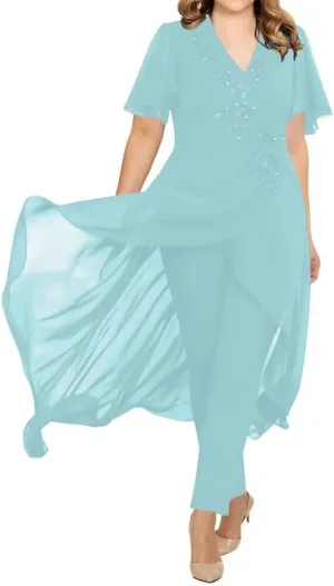 Chiffon Mother of The Bride Pantsuits for Wedding Lace Appliques 2 Pieces Pant Suits for Women Dressy with Sleeves
