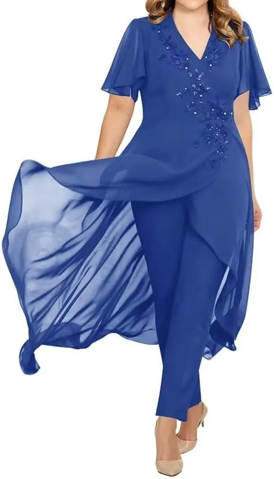 Chiffon Mother of The Bride Pantsuits for Wedding Lace Appliques 2 Pieces Pant Suits for Women Dressy with Sleeves