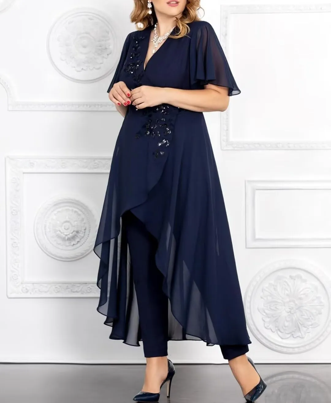 Chiffon Mother of The Bride Pantsuits for Wedding Lace Appliques 2 Pieces Pant Suits for Women Dressy with Sleeves