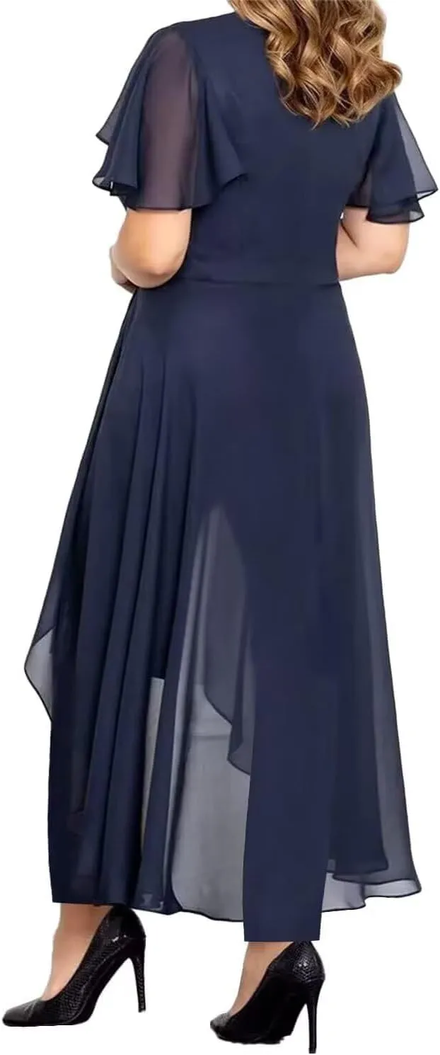 Chiffon Mother of The Bride Pantsuits for Wedding Lace Appliques 2 Pieces Pant Suits for Women Dressy with Sleeves
