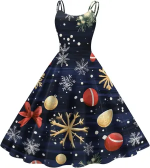 Christmas Dresses for Women 1950s Retro Vintage Spaghetti Strap Cocktail Rockabilly Floral Evening Swing Dress