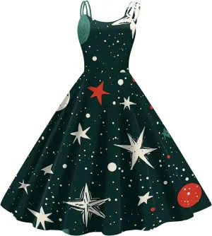 Christmas Dresses for Women 1950s Retro Vintage Spaghetti Strap Cocktail Rockabilly Floral Evening Swing Dress