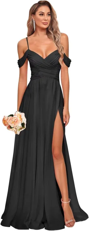 Cold Shoulder Chiffon Bridesmaid Dresses for Women 2025 Long V Neck Corset Formal Evening Gown with Slit Pockets