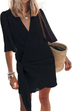 Cotton and Linen V-Neck Midi Dress Short Sleeve Wrap Tie Mini Dress Casual Elegant Beach Work Vacation Travel Dresses