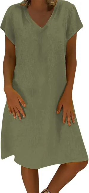 Cotton Linen Dresses for Women 2025 Summer Cup Sleeve Comfy Travel Sundress Beach Wear Trendy Spring Vacation Clothes