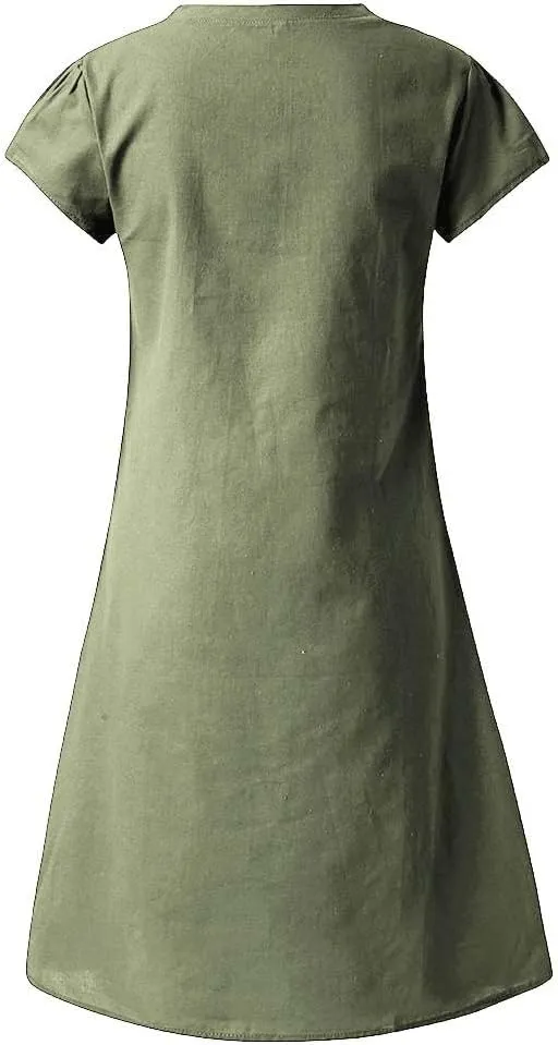Cotton Linen Dresses for Women 2025 Summer Cup Sleeve Comfy Travel Sundress Beach Wear Trendy Spring Vacation Clothes