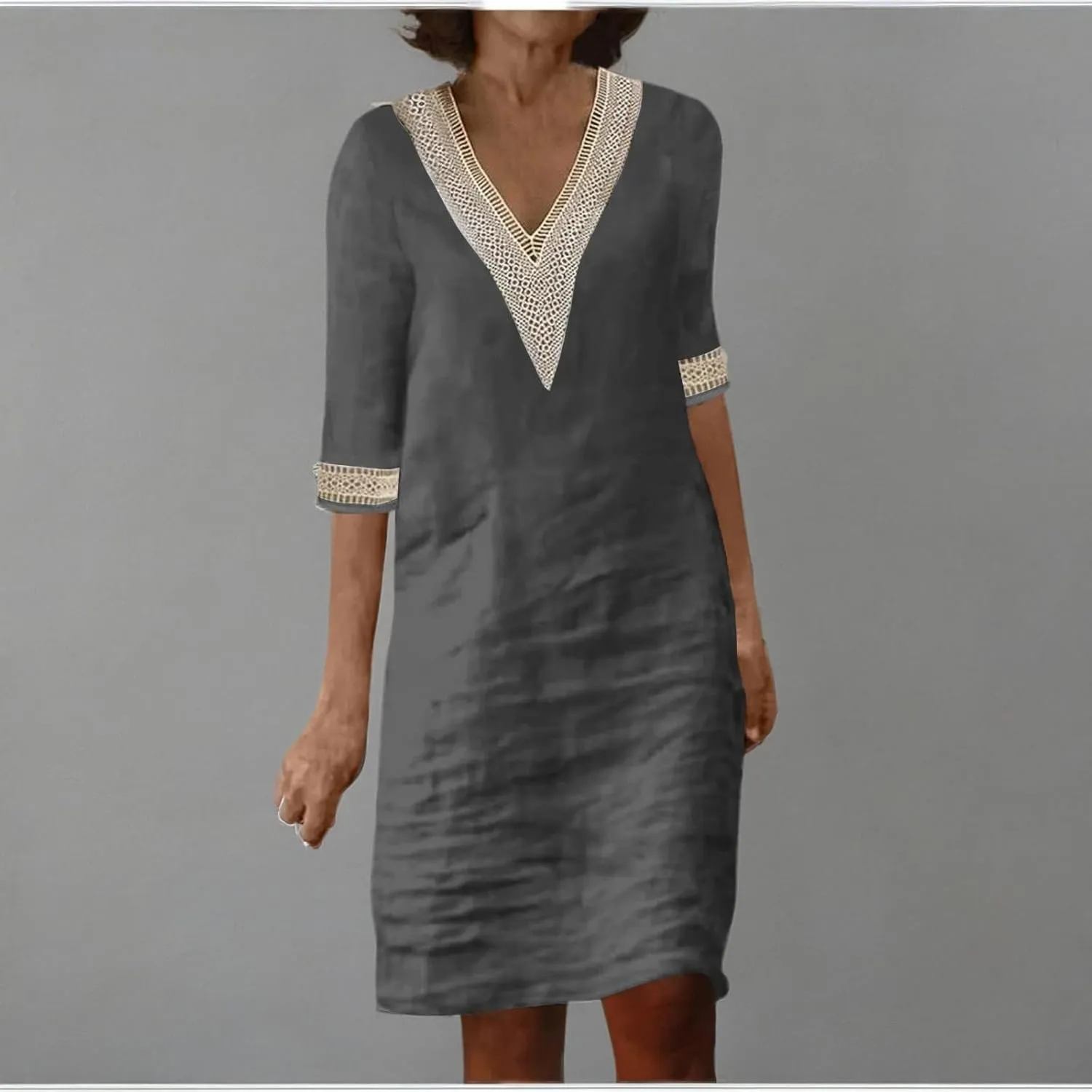 Cotton Linen Dresses for Women,2024 Summer Elegant Trendy V Neck 3/4 Sleeve Midi Dress,Casual Plain Beach Dress