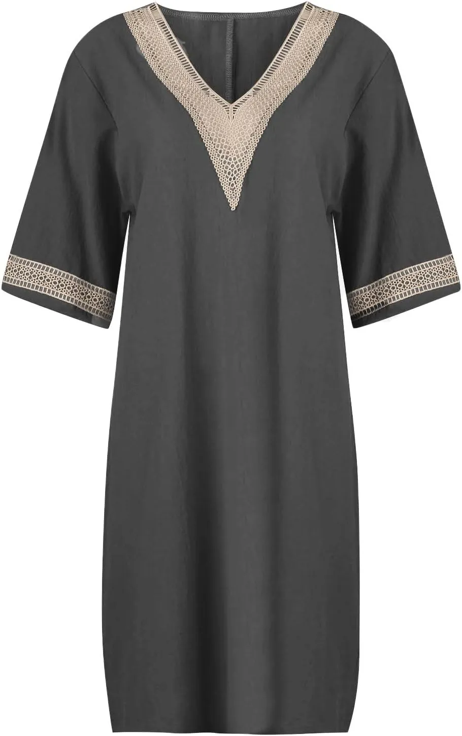 Cotton Linen Dresses for Women,2024 Summer Elegant Trendy V Neck 3/4 Sleeve Midi Dress,Casual Plain Beach Dress