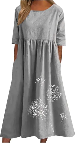Cotton Linen Maxi Dresses for Women Casual Summer Plus Size Short Sleeve Tshirt Dress Ladies Beach Vacation Sundress