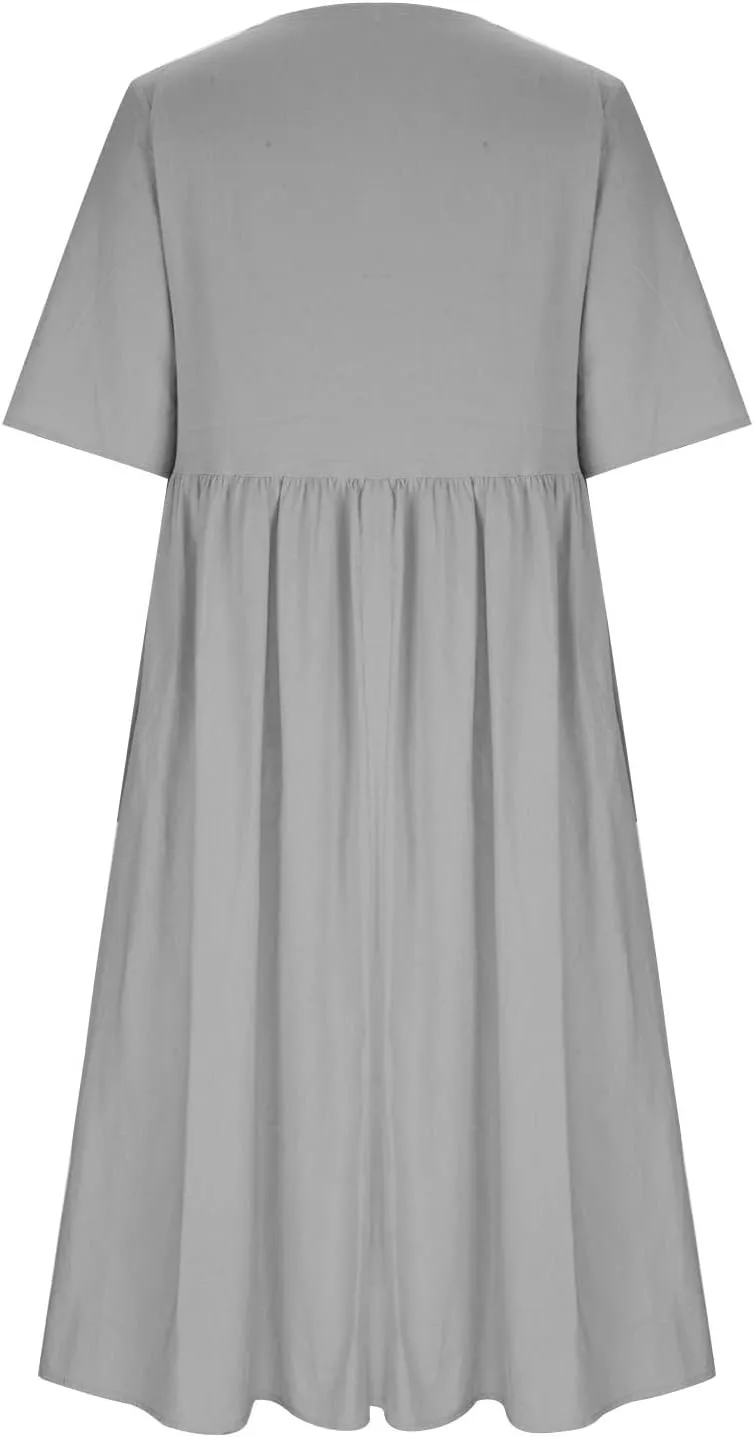 Cotton Linen Maxi Dresses for Women Casual Summer Plus Size Short Sleeve Tshirt Dress Ladies Beach Vacation Sundress