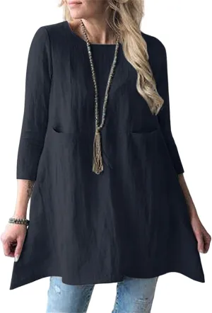 Cotton Linen Summer Midi Dresses for Women 2025 Vacation Loose 3/4 Sleeve Round Neck Tops Tunic Dresses with Pockets
