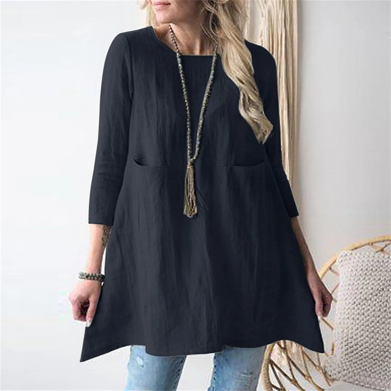 Cotton Linen Summer Midi Dresses for Women 2025 Vacation Loose 3/4 Sleeve Round Neck Tops Tunic Dresses with Pockets