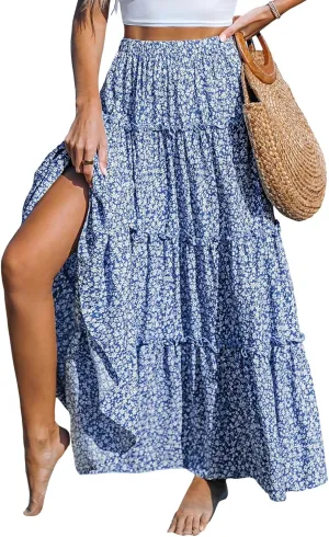 CUPSHE Women Floral Maxi Ruffled Trim High Waisted Elastic Waist Beach Vacation Skirt