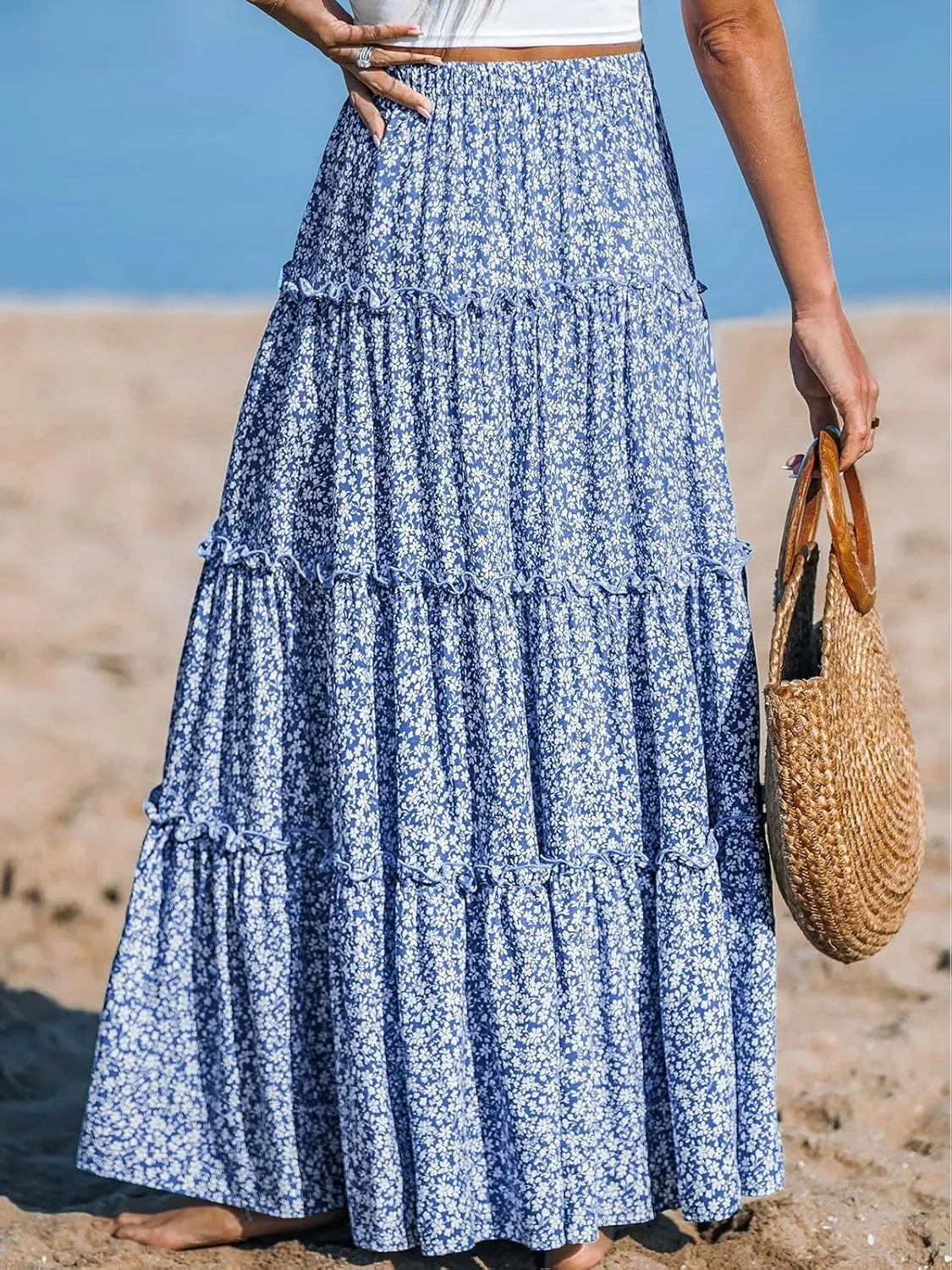 CUPSHE Women Floral Maxi Ruffled Trim High Waisted Elastic Waist Beach Vacation Skirt