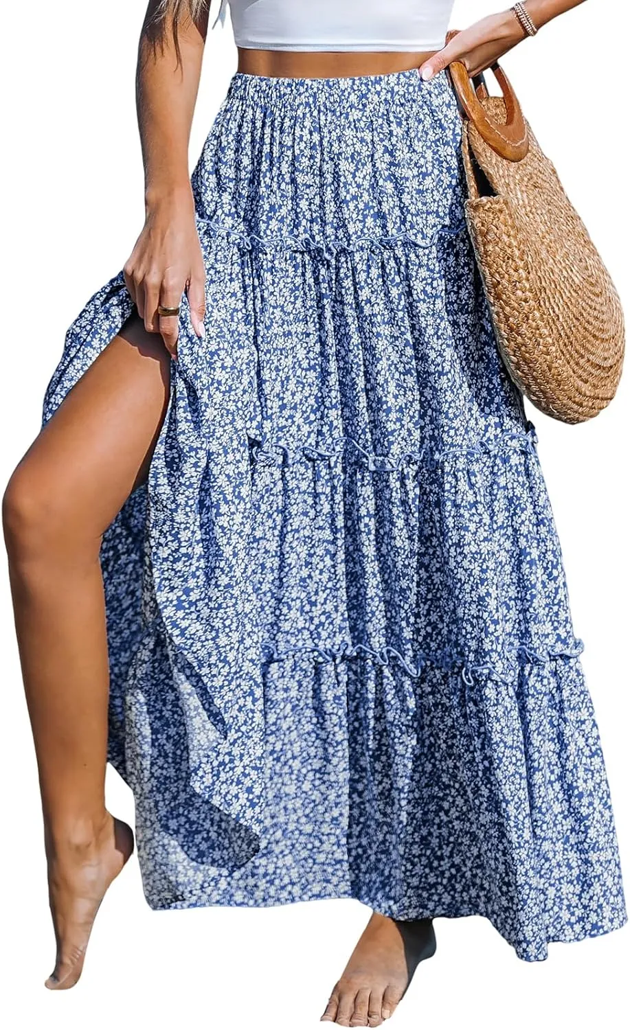 CUPSHE Women Floral Maxi Ruffled Trim High Waisted Elastic Waist Beach Vacation Skirt