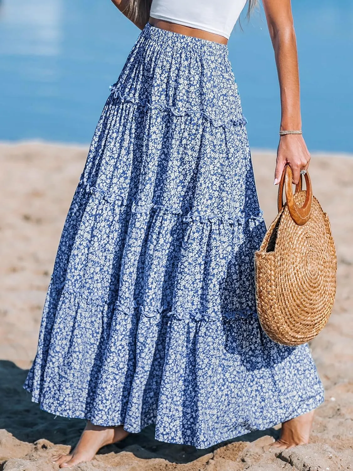 CUPSHE Women Floral Maxi Ruffled Trim High Waisted Elastic Waist Beach Vacation Skirt