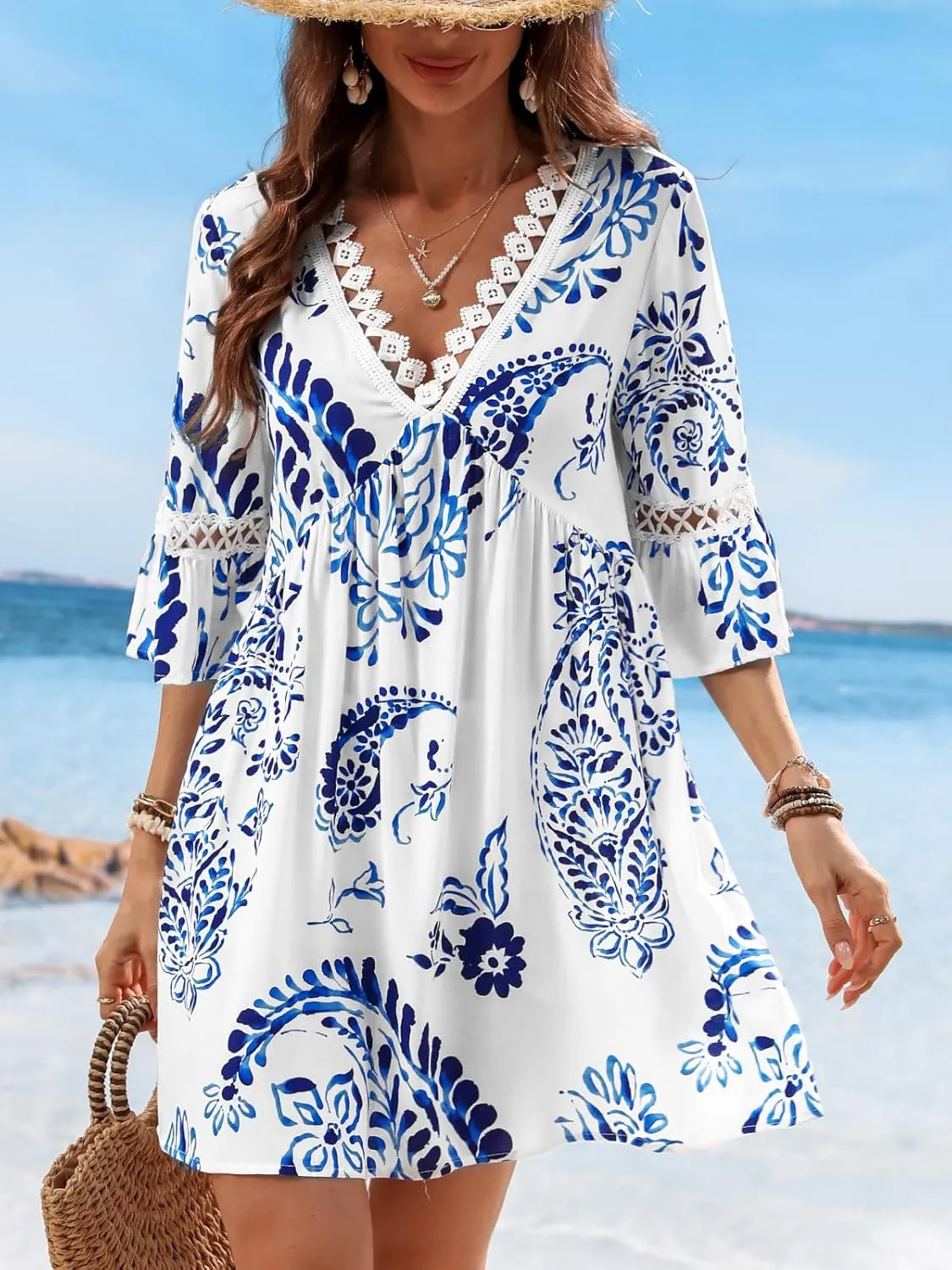CUPSHE Women V Neck Lace Trim Mini Summer Dress Cover Up 3/4 Sleeve Ruffled Cuff Casual Sundress Beach Dresses Cover Ups