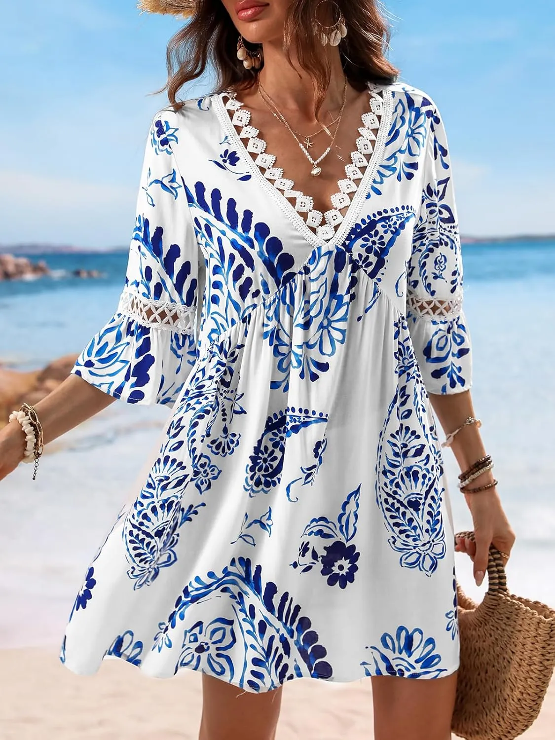 CUPSHE Women V Neck Lace Trim Mini Summer Dress Cover Up 3/4 Sleeve Ruffled Cuff Casual Sundress Beach Dresses Cover Ups