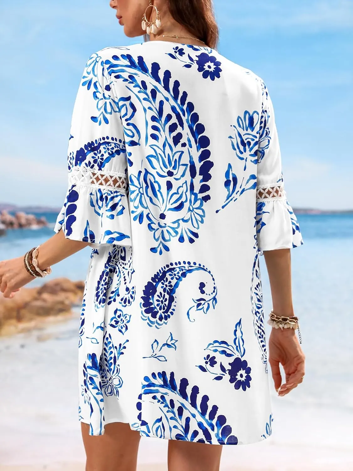 CUPSHE Women V Neck Lace Trim Mini Summer Dress Cover Up 3/4 Sleeve Ruffled Cuff Casual Sundress Beach Dresses Cover Ups