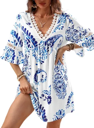 CUPSHE Women V Neck Lace Trim Mini Summer Dress Cover Up 3/4 Sleeve Ruffled Cuff Casual Sundress Beach Dresses Cover Ups