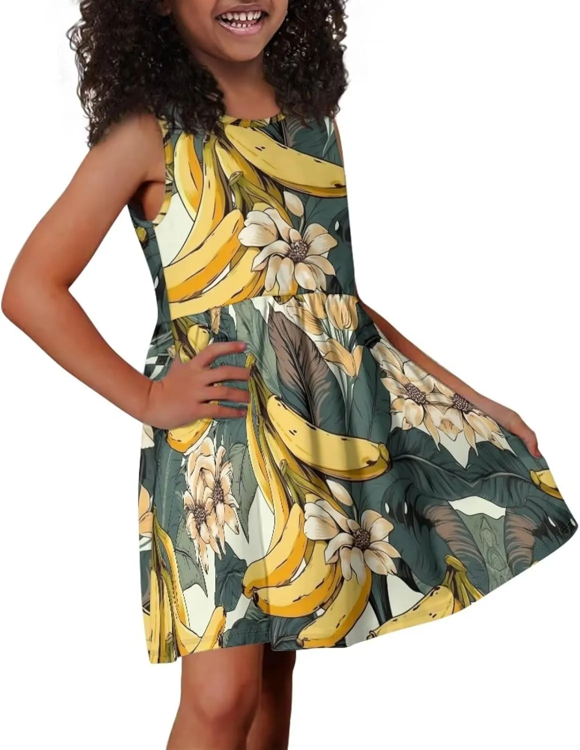Cute Floral Sundress for Girls Loose Fit Swing Twirly Sleeveless Dress with Pockets