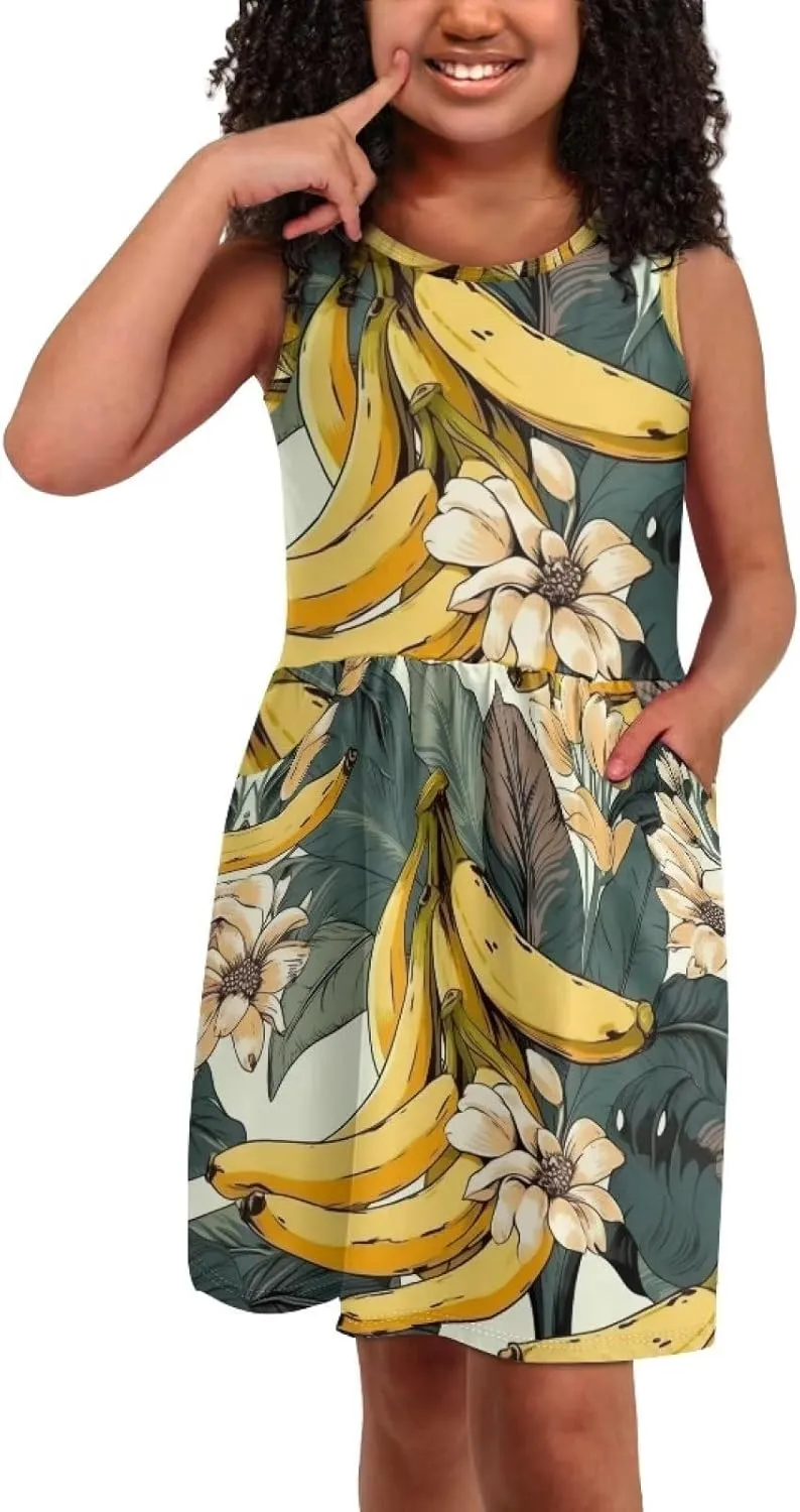 Cute Floral Sundress for Girls Loose Fit Swing Twirly Sleeveless Dress with Pockets