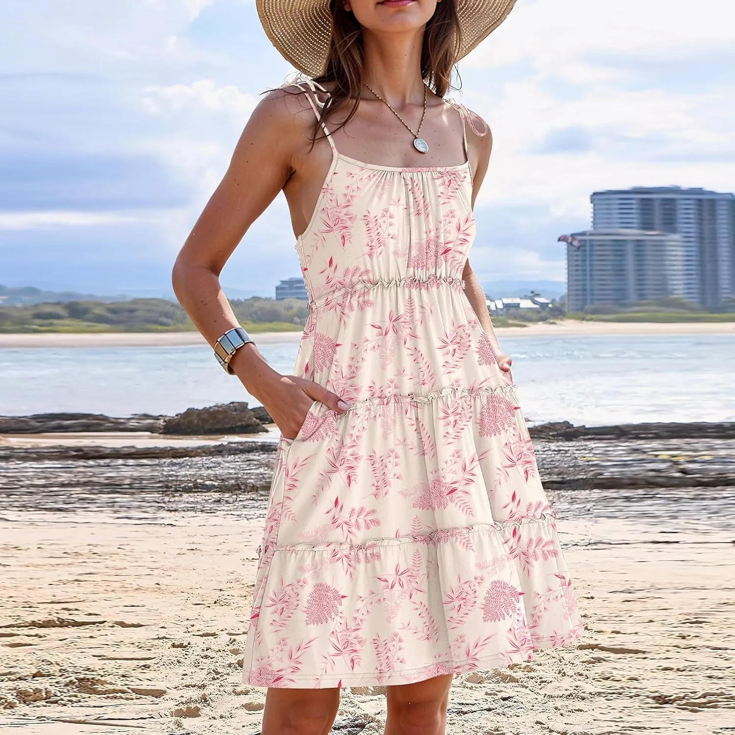 Cute Summer Dresses for Women 2025 Tiered A Line Floral Mini Dress Spaghetti Strap Boho Flowy Short Vacation Sundress