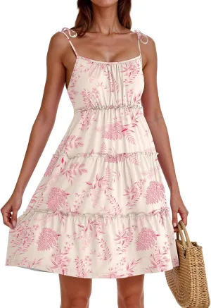 Cute Summer Dresses for Women 2025 Tiered A Line Floral Mini Dress Spaghetti Strap Boho Flowy Short Vacation Sundress