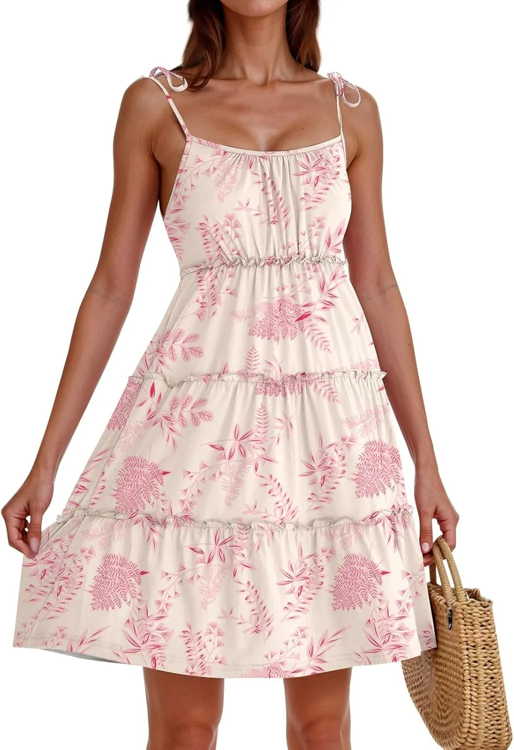Cute Summer Dresses for Women 2025 Tiered A Line Floral Mini Dress Spaghetti Strap Boho Flowy Short Vacation Sundress