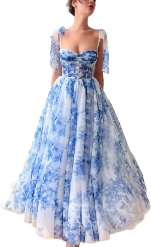 Cute Tulle Blue and White Floral Print Prom Dress Long Senior Sweetheart Evening Gown with Pockets for Girls WD111