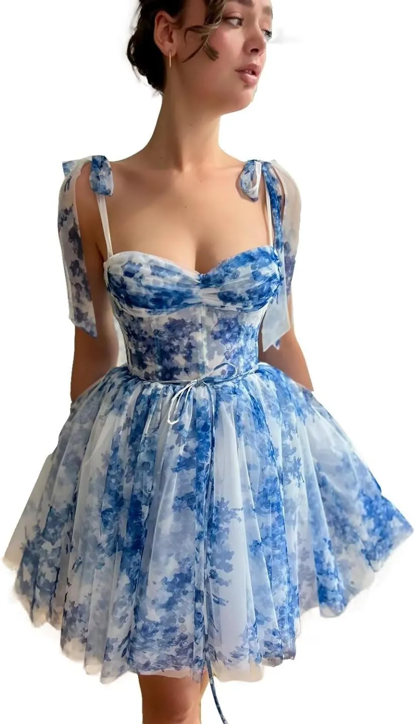 Cute Tulle Blue and White Floral Print Prom Dress Long Senior Sweetheart Evening Gown with Pockets for Girls WD111