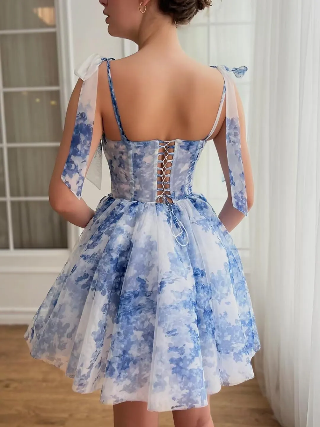 Cute Tulle Blue and White Floral Print Prom Dress Long Senior Sweetheart Evening Gown with Pockets for Girls WD111