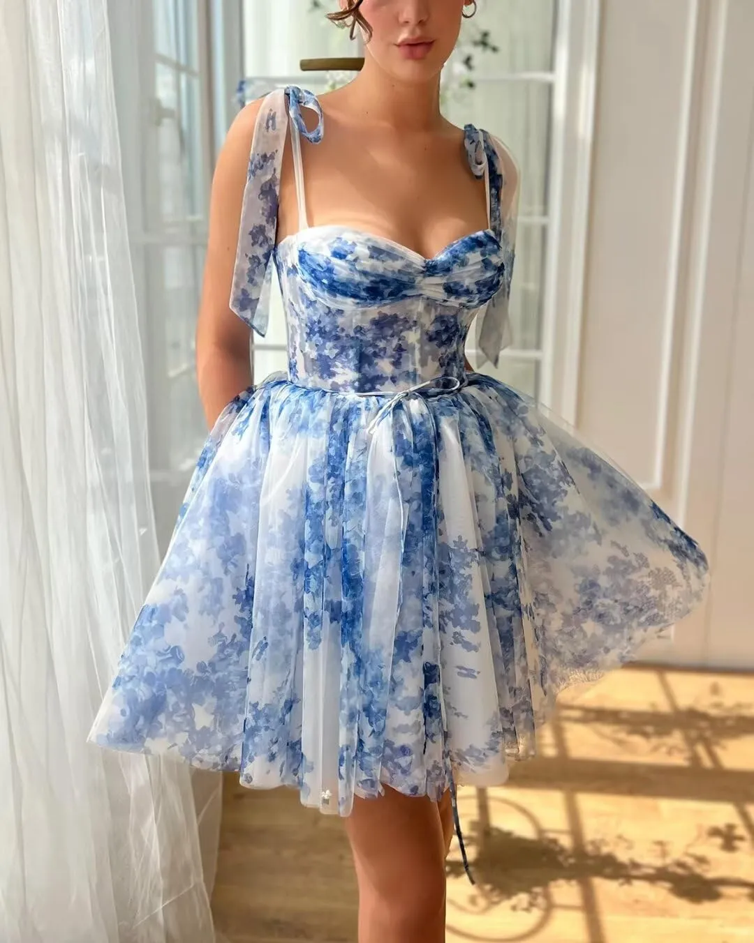 Cute Tulle Blue and White Floral Print Prom Dress Long Senior Sweetheart Evening Gown with Pockets for Girls WD111