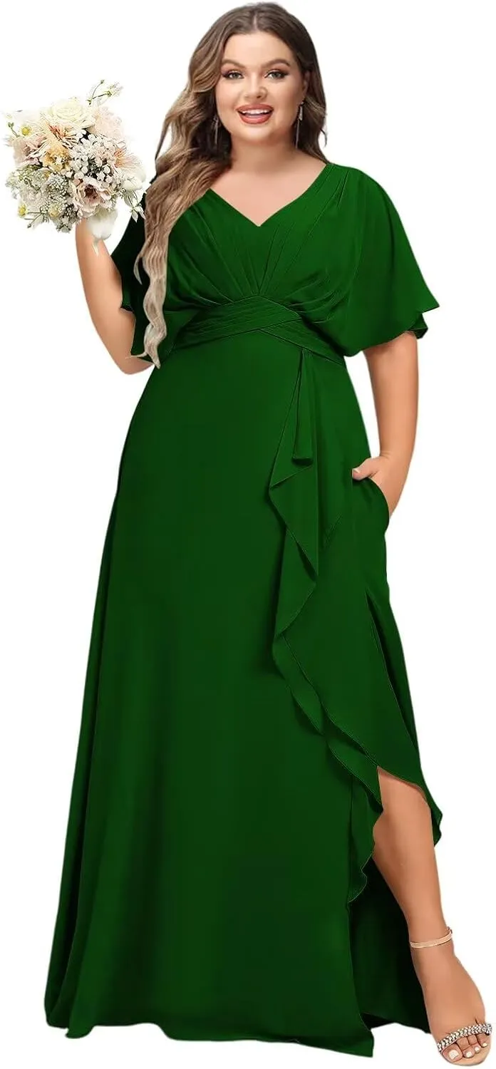 Dessiny Flutter Sleeves Plus Size Bridesmaid Dresses with Slit Chiffon V Neck Formal Party Dresses 2025 DE54