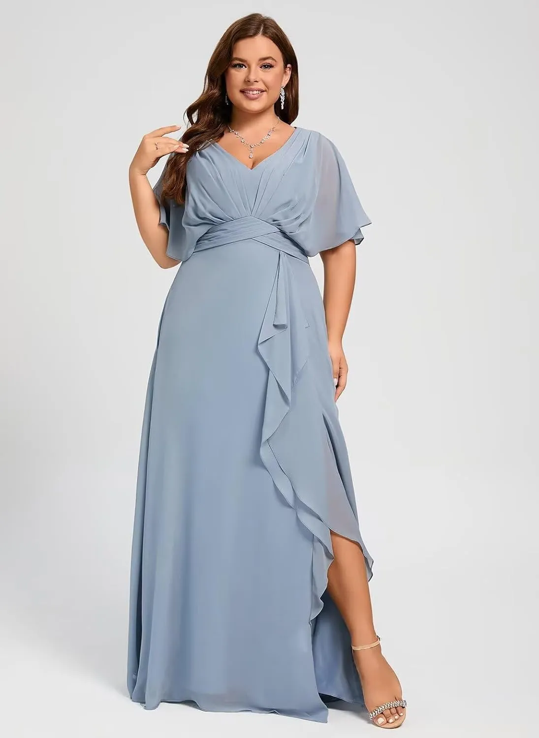 Dessiny Flutter Sleeves Plus Size Bridesmaid Dresses with Slit Chiffon V Neck Formal Party Dresses 2025 DE54