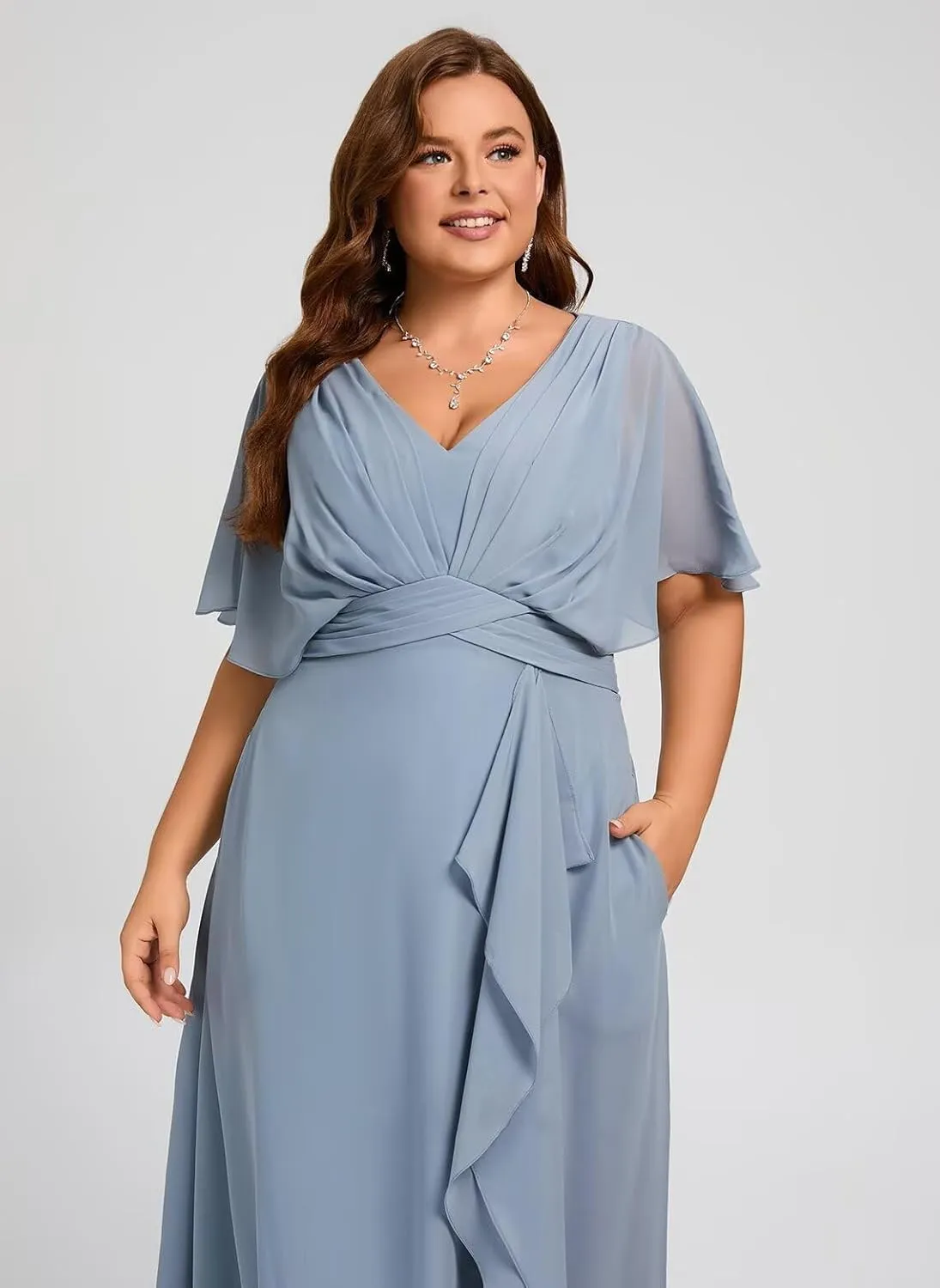 Dessiny Flutter Sleeves Plus Size Bridesmaid Dresses with Slit Chiffon V Neck Formal Party Dresses 2025 DE54