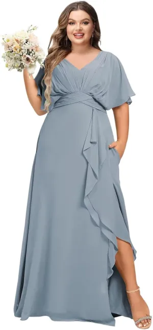 Dessiny Flutter Sleeves Plus Size Bridesmaid Dresses with Slit Chiffon V Neck Formal Party Dresses 2025 DE54
