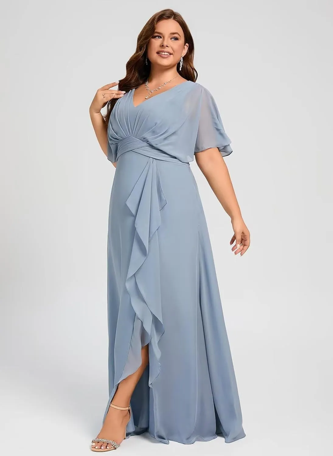 Dessiny Flutter Sleeves Plus Size Bridesmaid Dresses with Slit Chiffon V Neck Formal Party Dresses 2025 DE54