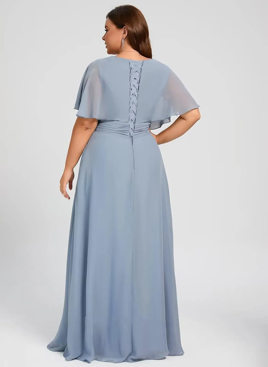 Dessiny Flutter Sleeves Plus Size Bridesmaid Dresses with Slit Chiffon V Neck Formal Party Dresses 2025 DE54