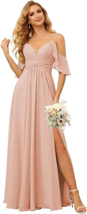 Dessiny Off The Shoulder Bridesmaid Dresses for Women with Slit A Line Chiffon Long Formal Party Dress with Pockets DE01