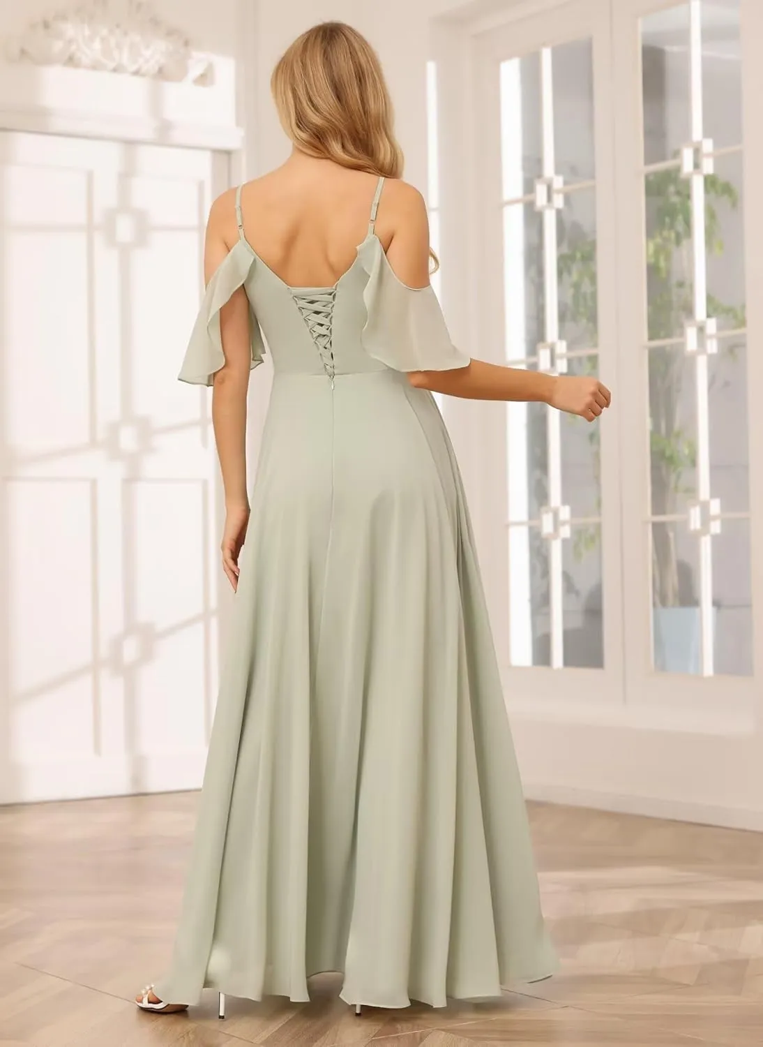 Dessiny Off The Shoulder Bridesmaid Dresses for Women with Slit A Line Chiffon Long Formal Party Dress with Pockets DE01
