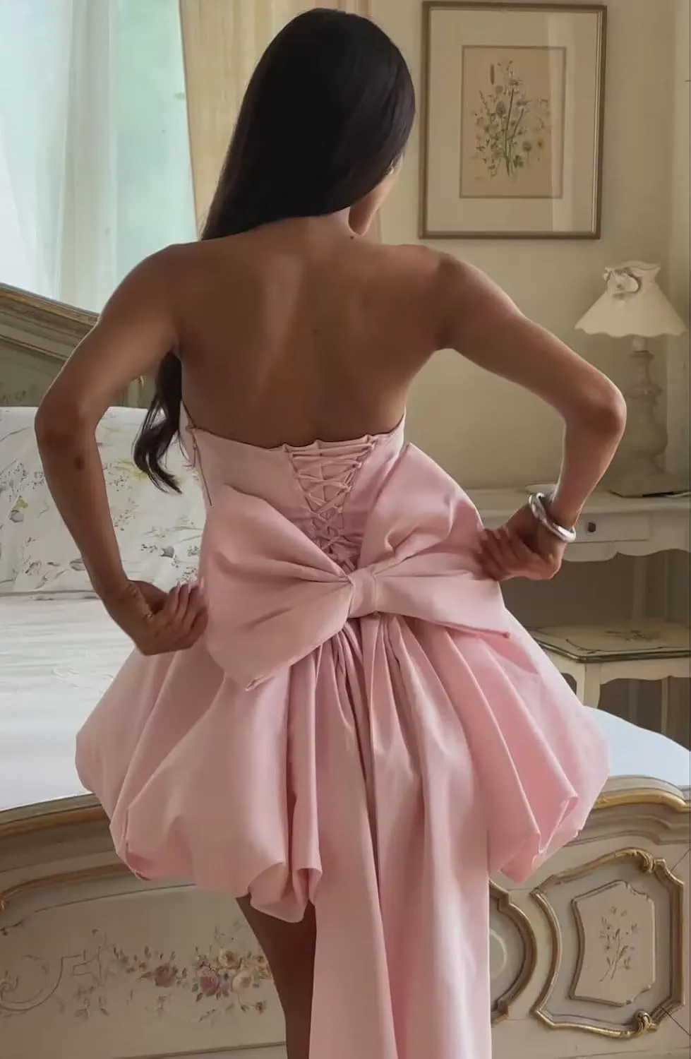 Dessiny Strapsless Puffy Satin Homecoming Dresses 2025 Mini Cocktail Pary Dresses with Bow On The Back DE420