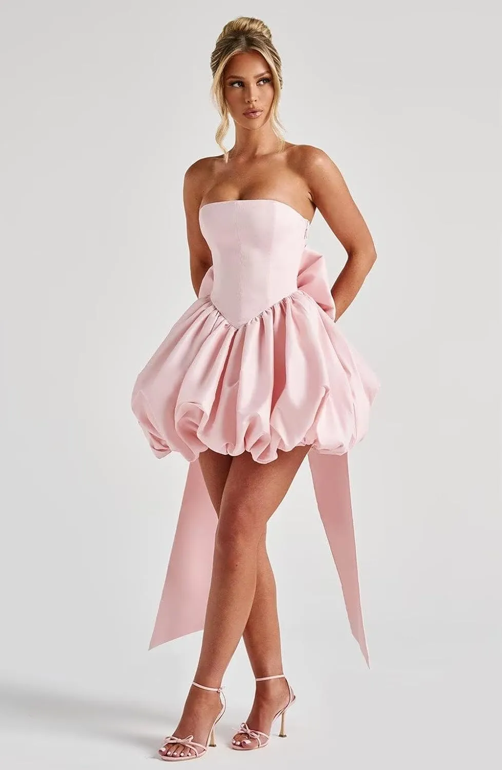 Dessiny Strapsless Puffy Satin Homecoming Dresses 2025 Mini Cocktail Pary Dresses with Bow On The Back DE420