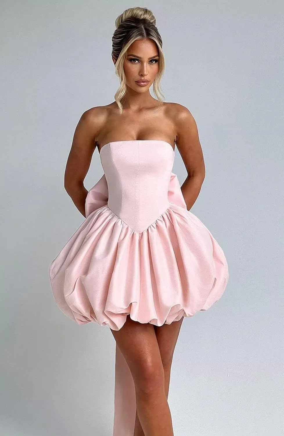 Dessiny Strapsless Puffy Satin Homecoming Dresses 2025 Mini Cocktail Pary Dresses with Bow On The Back DE420